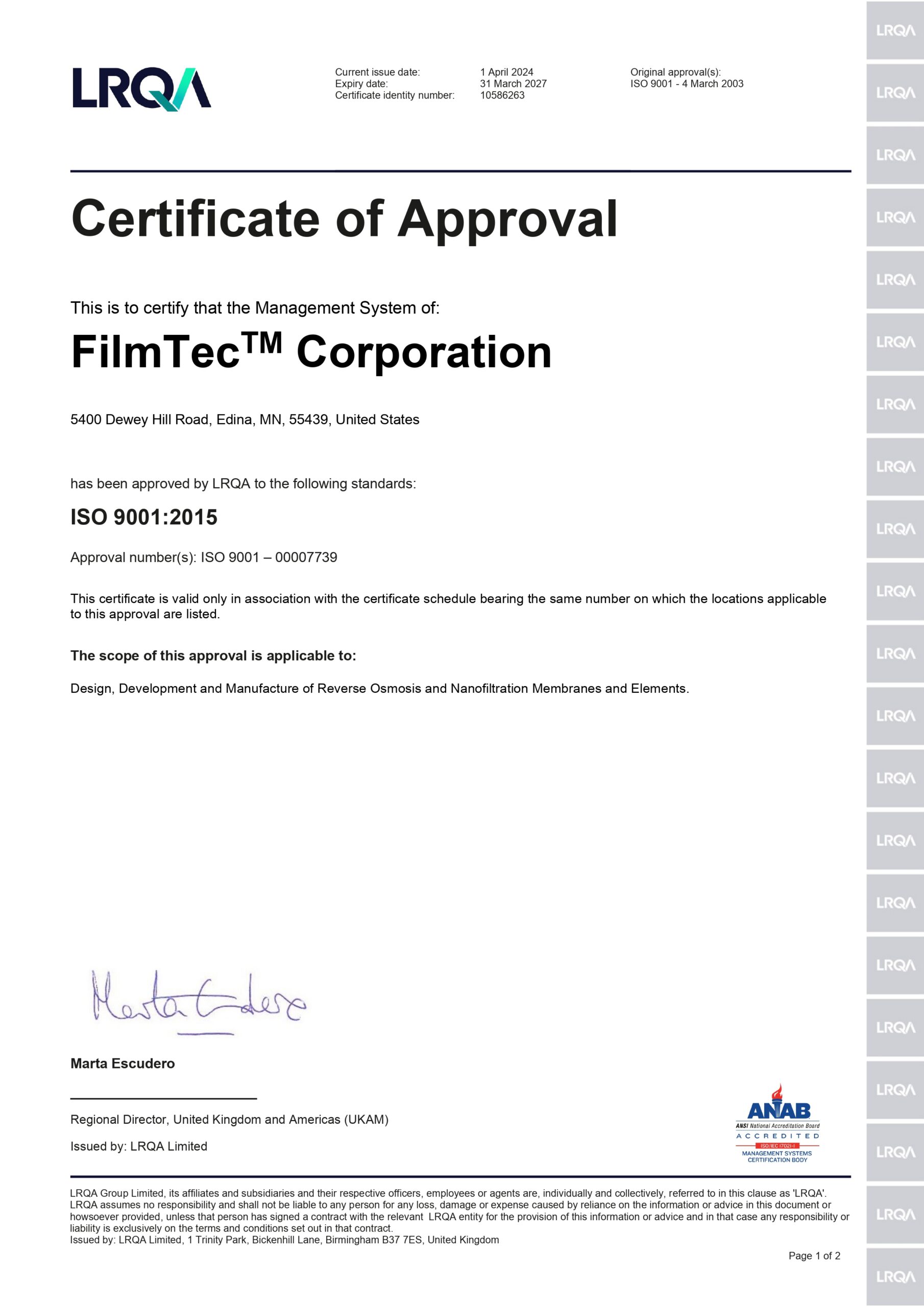 certifikate nga Filmtec